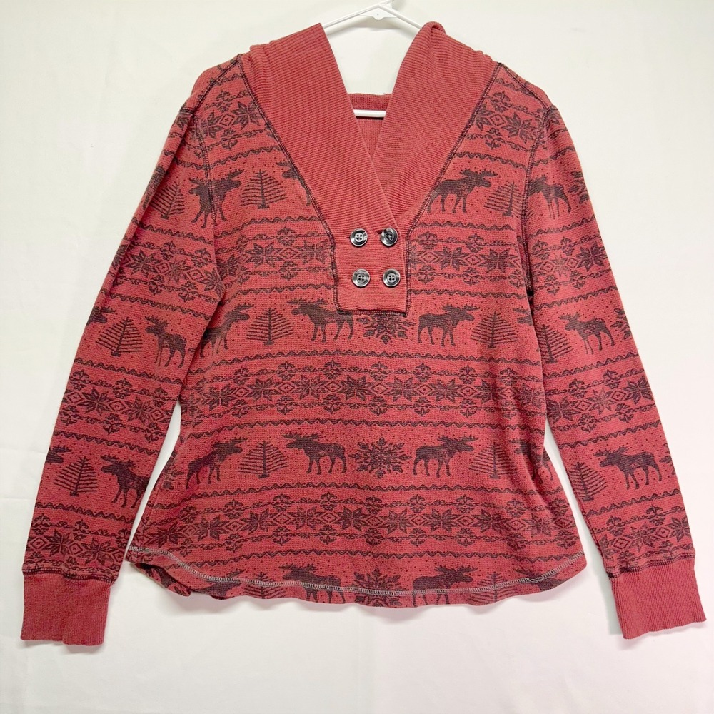 GT LTD Scarlet Heather Moose Print Long Sleeve Hoodie Sweater Cotton Womens L